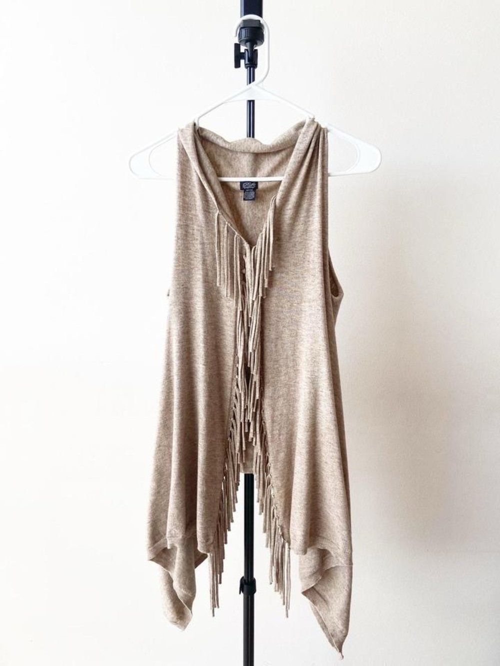 Roffe Beige Sleeveless Fringe Cardigan